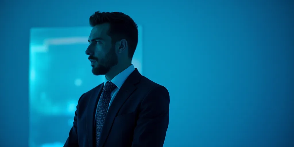 a man in a suit and tie standing in front of a blue background with a caption that reads miguel gonz