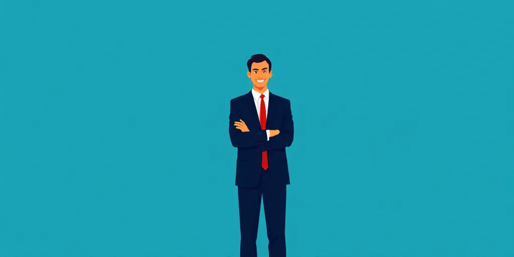 a man in a suit and tie standing with his arms crossed in front of him, with a blue background, Carl