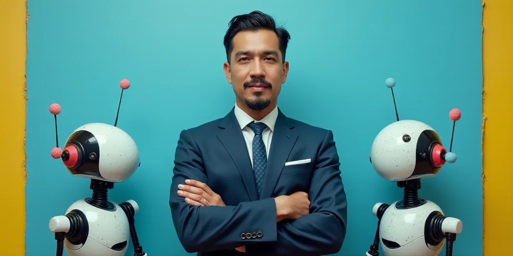 a man in a suit and tie standing with his arms crossed in front of a blue background with a yellow b