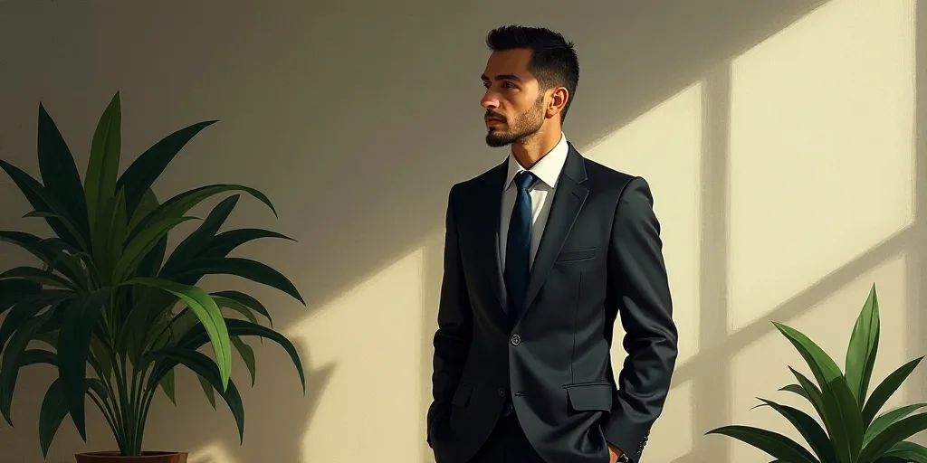 a man in a suit and tie standing in a room with a plant in the background and a plant in the foregro