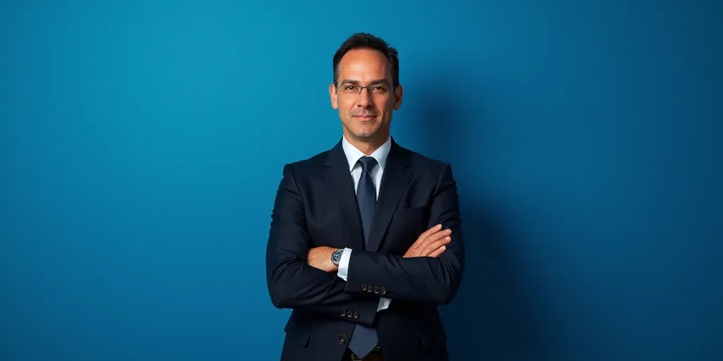 a man in a suit and tie standing with his arms crossed in front of him with a blue background, Estua