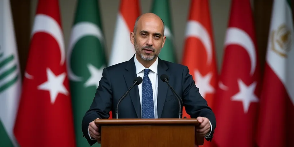 a man in a suit and tie standing at a podium with flags behind him and a microphone in front of him,
