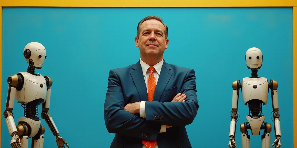 a man in a suit and tie standing with his arms crossed in front of a blue background with a yellow b