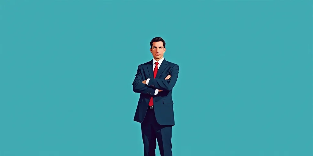 a man in a suit and tie standing with his arms crossed in front of him, with a blue background, Carl