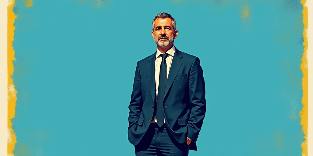 a man in a suit and tie standing in front of a blue background with a white and yellow border, Carlo