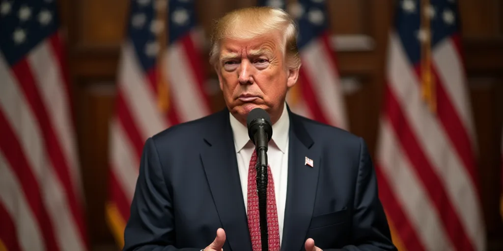 a man in a suit and tie standing in front of a wall with flags on it and a microphone, Donald Roller