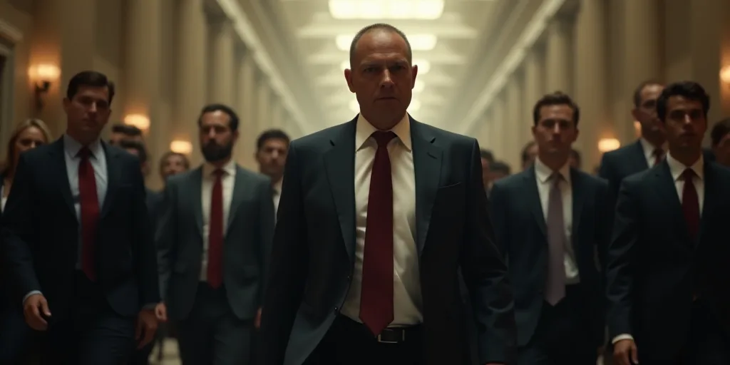 a man in a suit and tie walking through a crowd of people in a building with a serious look on his f