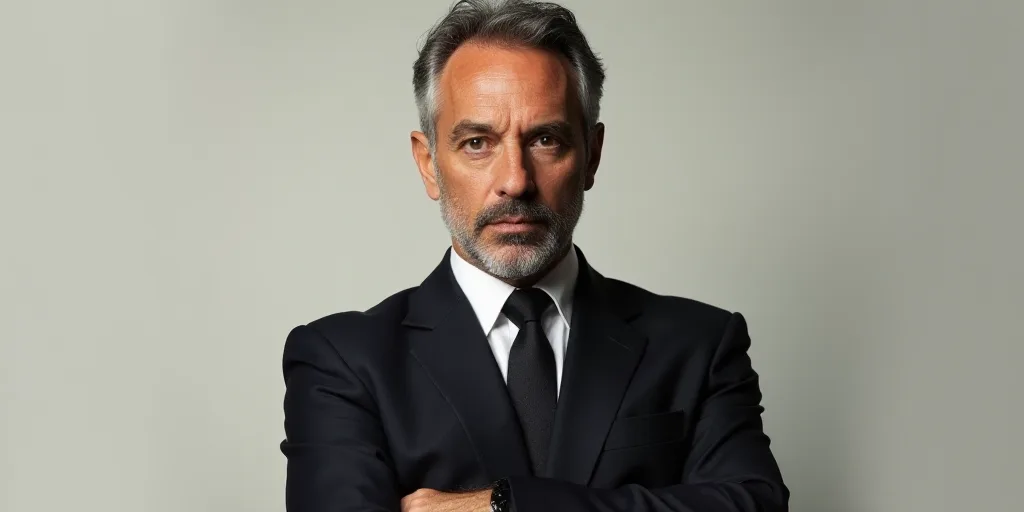 a man in a suit and tie with his arms crossed and his arms crossed behind his back, looking at the c