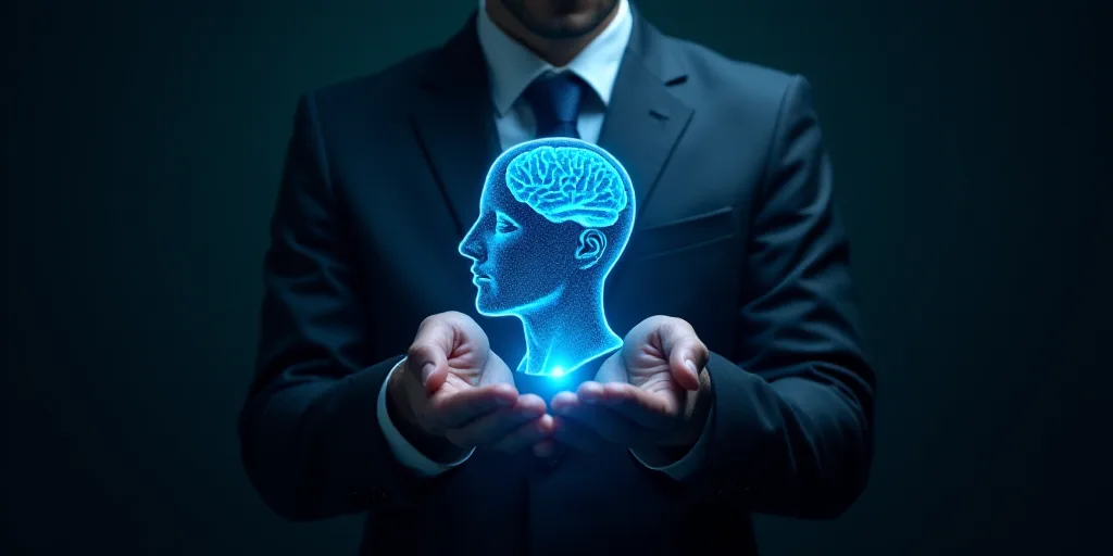 a man in a suit holding a blue human head and a human brain in his hands with a blue light, Évarist
