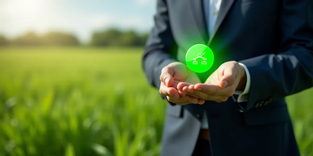 a man in a suit holding a green button with icons on it and a grass field in the center, Andries Sto