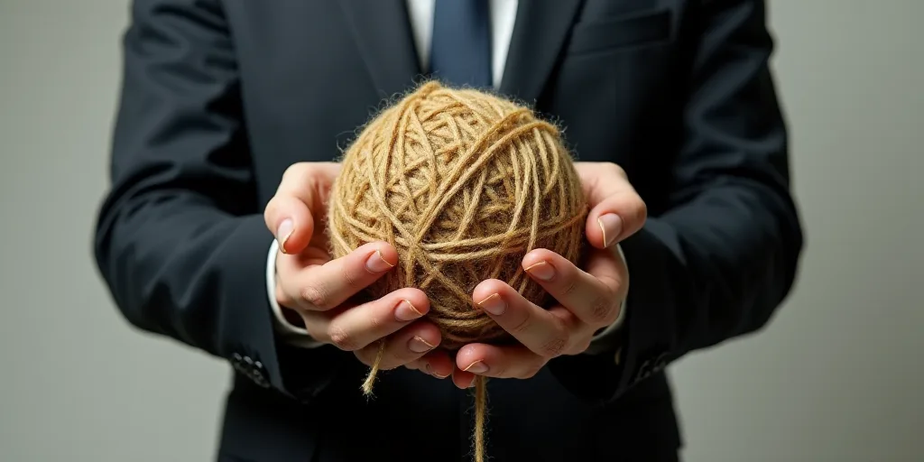 a man in a suit holding a string in his hands with a ball of yarn in the middle of his hands, Chihar