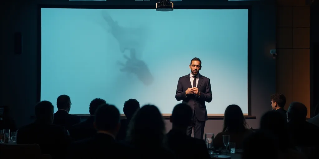a man in a suit is giving a speech at a conference hall with a projector screen behind him, Carlos F