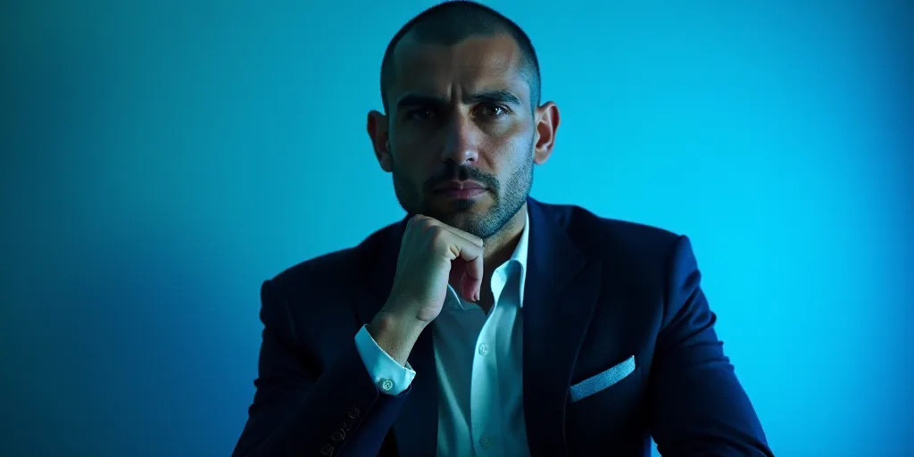 a man in a suit is posing for a picture with his chin resting on his hand, with a blue background, A