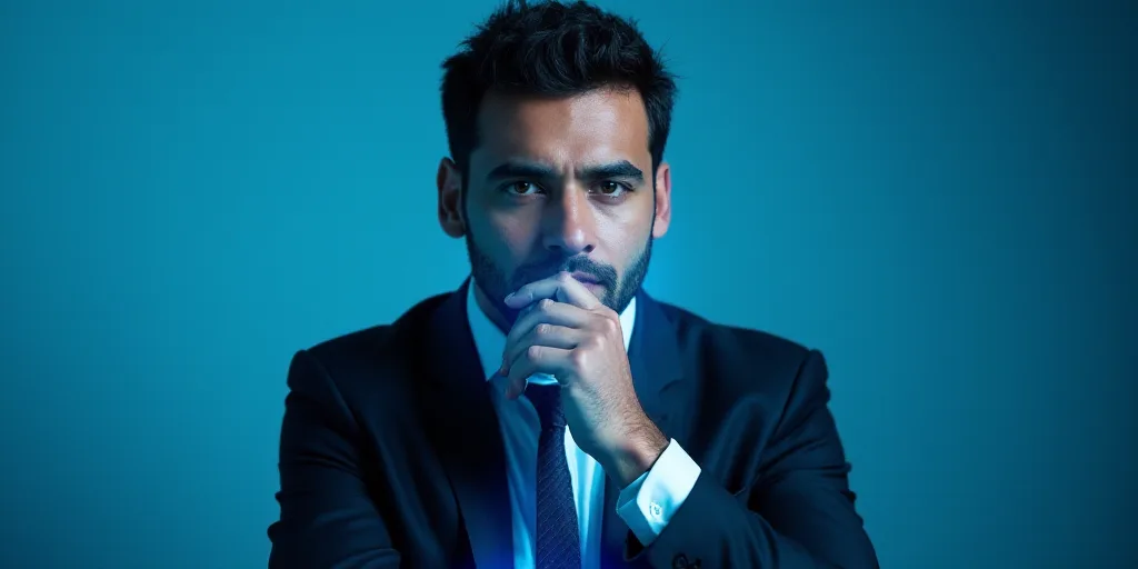 a man in a suit is posing for a picture with his chin resting on his hand, with a blue background, A