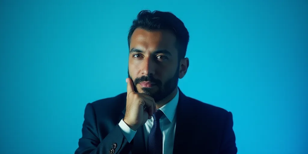 a man in a suit is posing for a picture with his chin resting on his hand, with a blue background, A