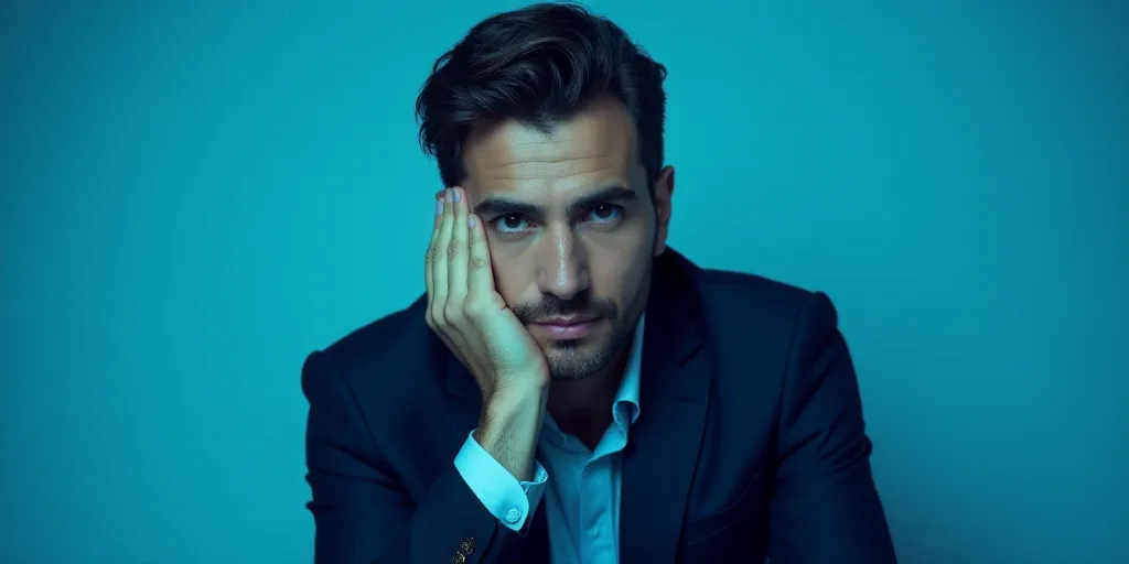 a man in a suit is posing for a picture with his chin resting on his hand, with a blue background, A