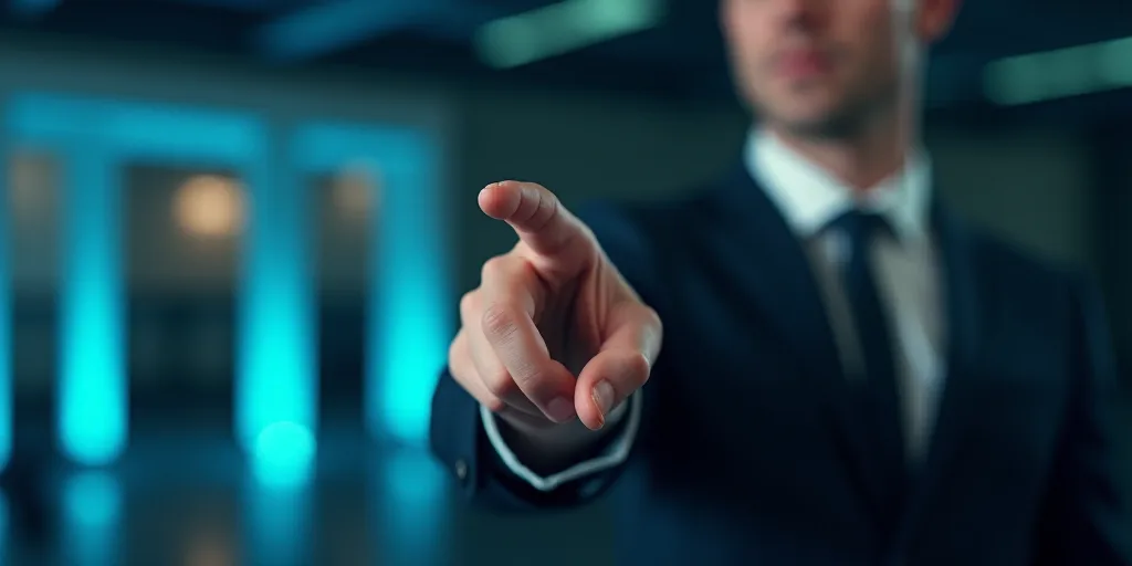 a man in a suit pointing at something with his finger and a blurry background of a building and a bl
