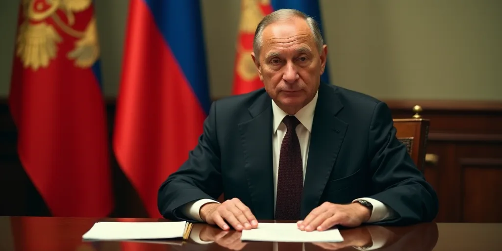 a man in a suit sitting at a table with papers in front of him and flags behind him in the backgroun
