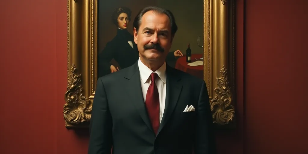 a man in a suit standing in front of a portrait of a man with a mustache and a glass of wine, Fernan