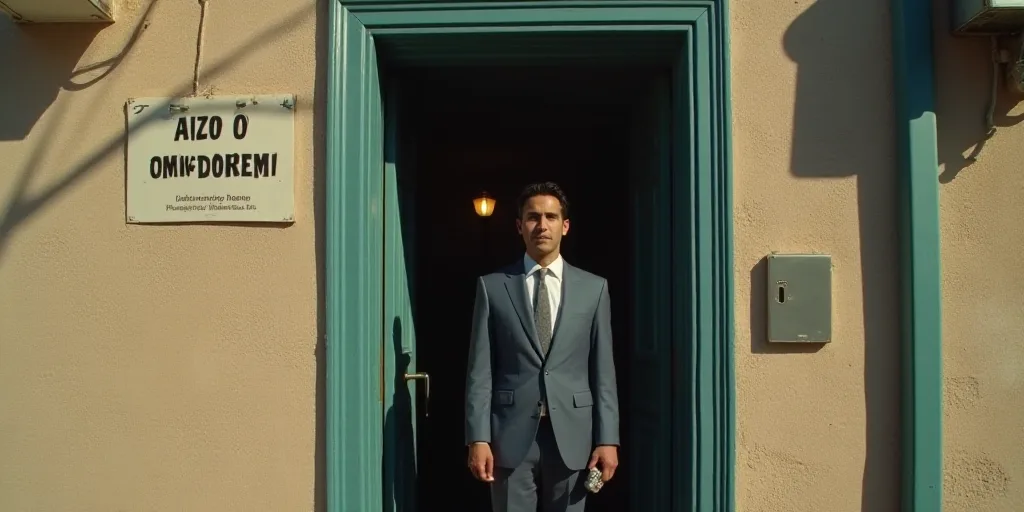 a man in a suit standing outside of a building with a phone in his hand and a sign above the door, C