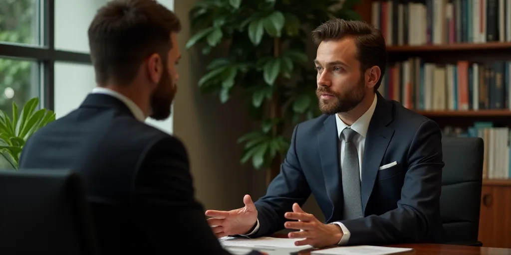a man in a suit talking to another man in a suit in an office setting with a bookcase and a plant, A