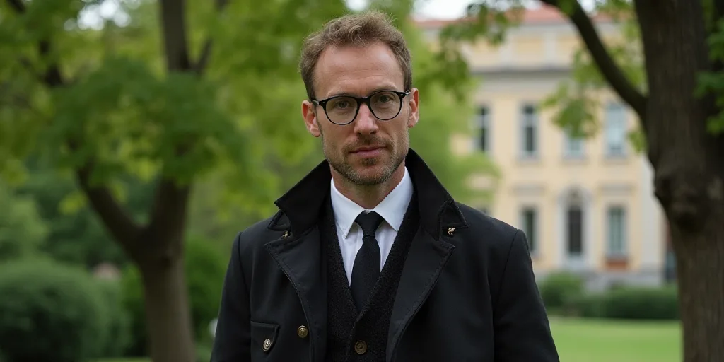 a man in a tie and jacket standing in front of a tree and a building with a green leafy tree in the