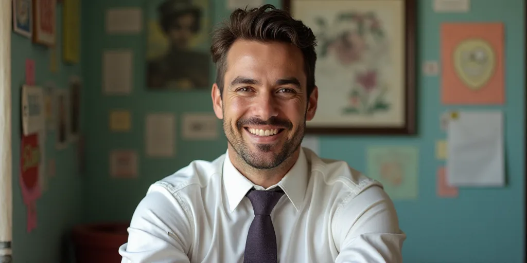 a man in a tie is smiling for the camera with a caption in spanish above him that reads, enrique cam