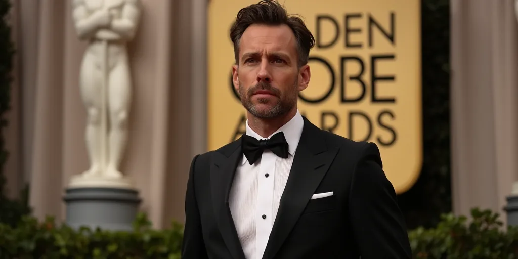 a man in a tuxedo and bow tie standing in front of a sign that says golden globe awards, Andrew Bell