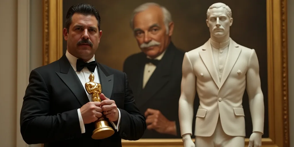 a man in a tuxedo holding a golden award in front of a picture of a man with a mustache, David Alfar