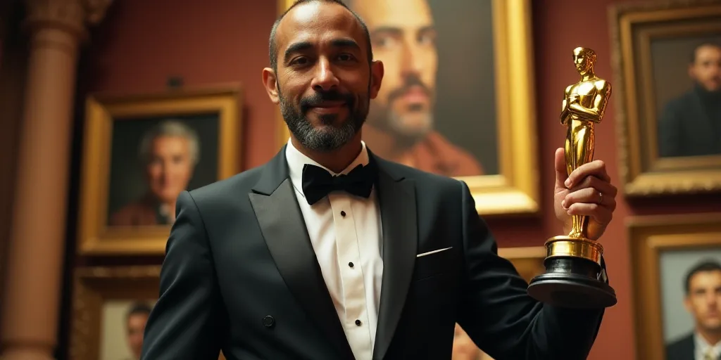a man in a tuxedo holding a golden award in his hand and a picture of him in the background, Farid M