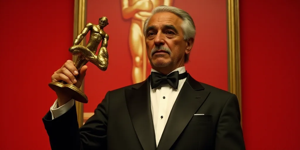 a man in a tuxedo holding a golden award in front of a red background with a picture of a man in a t