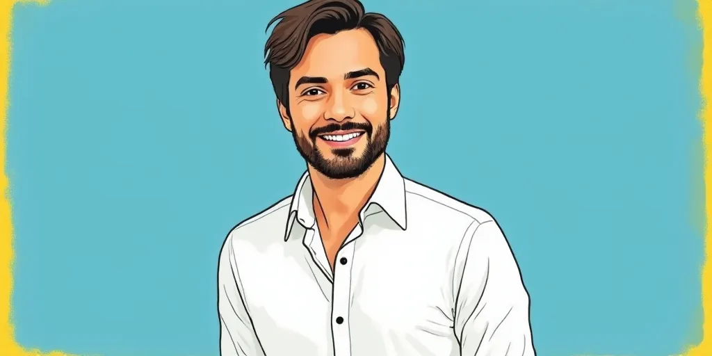 a man in a white shirt is smiling for a picture with a blue background and a yellow border around hi