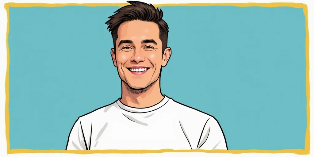 a man in a white shirt is smiling for a picture with a blue background and a yellow border around hi