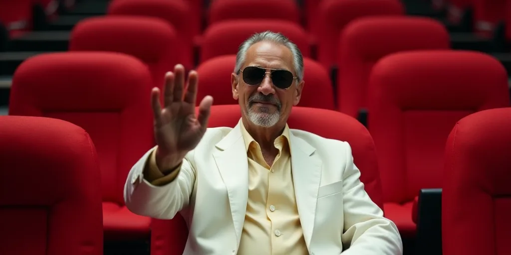 a man in a white suit and sunglasses waves to the crowd from a red chair in a room with red chairs,