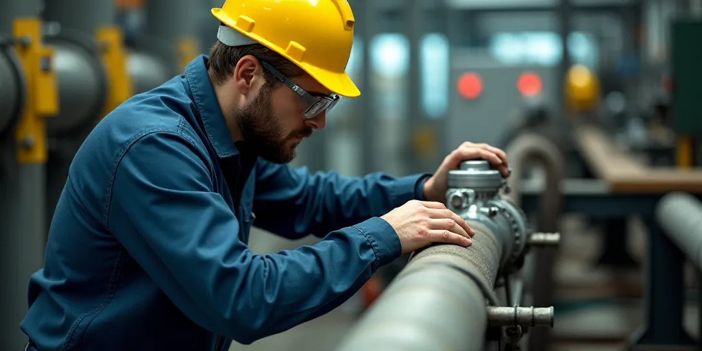 a man in a yellow helmet and protective gear working on a pipe in a factory area with other equipmen
