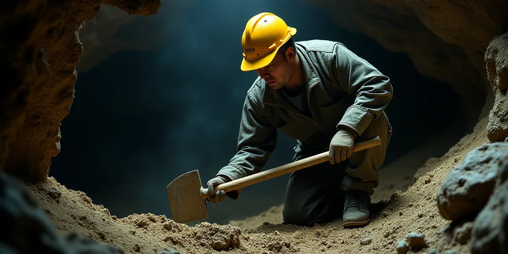 a man in a yellow helmet is digging in a cave with a shovel and a rock hammer in his hand, Cao Zhiba