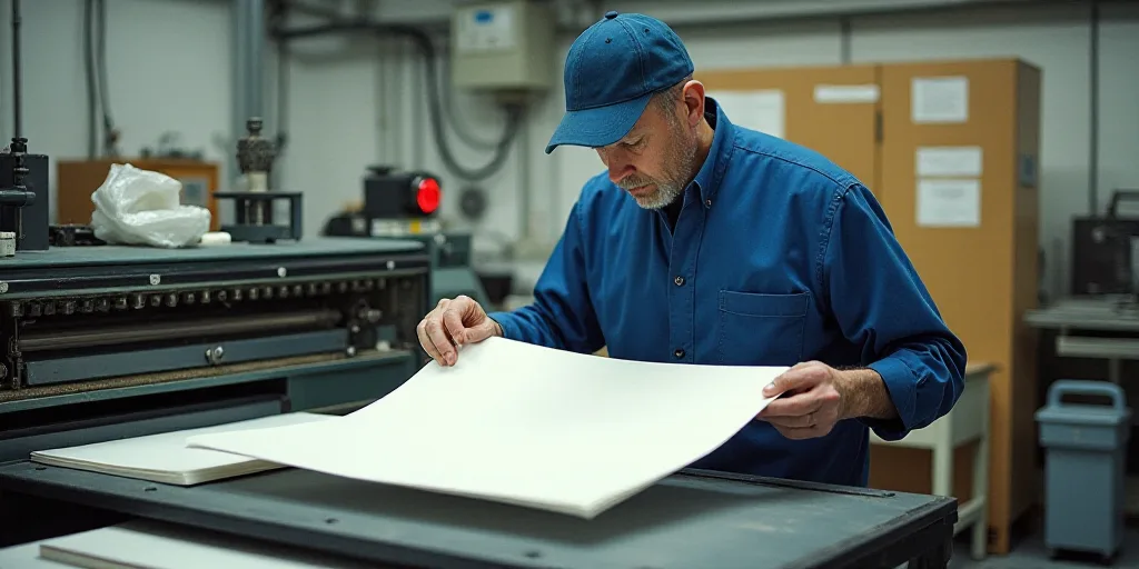 a man in blue coveralls and a blue hat working on a machine in a factory area with a large amount of