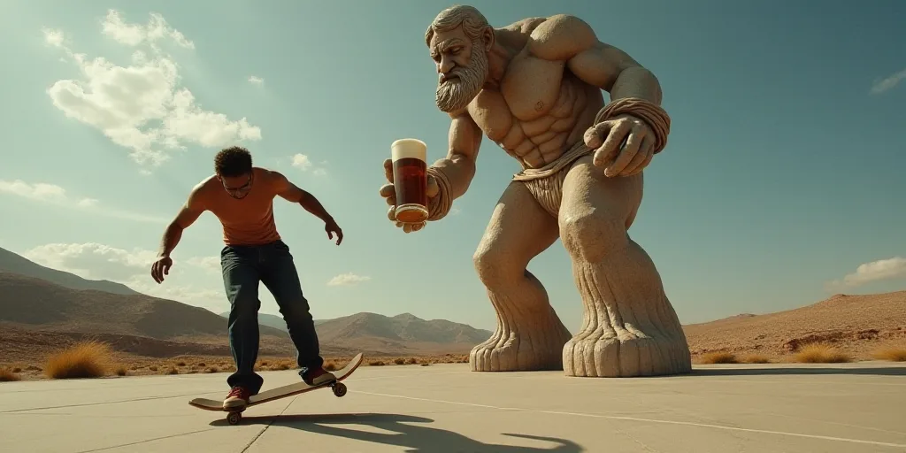 a man is doing a trick on a skateboard in front of a giant sculpture of a man holding a beer, Carlos