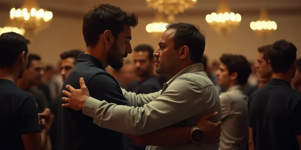 a man is getting his arm wrapped around another man's shoulder in a crowded room with people in the