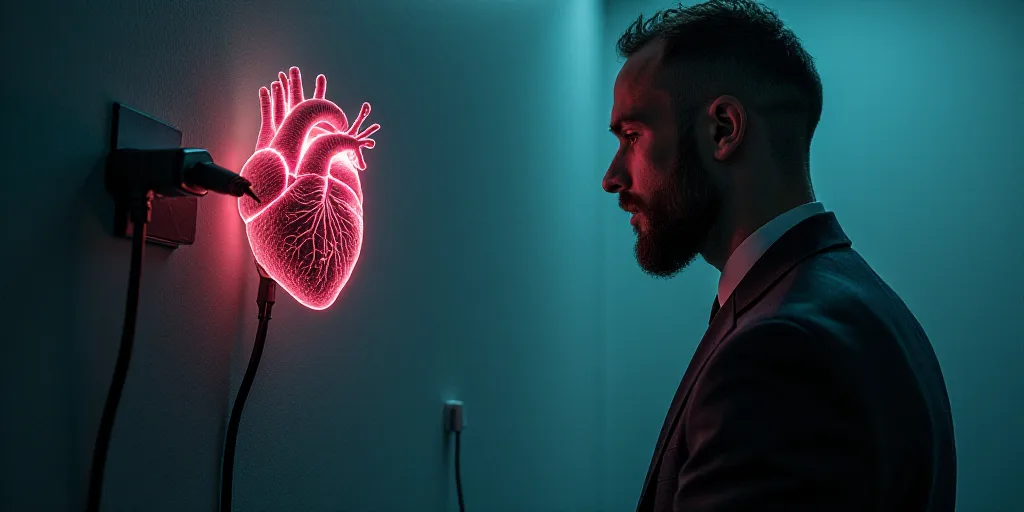a man is plugging in to a heart and a brain plugged in to a charger with a cord, Évariste Vital Lum