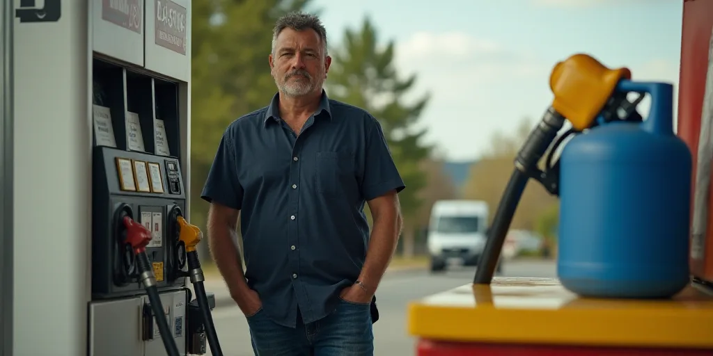 a man is standing next to a gas pump and a gas can with a gas nozzle on it, Ceferí Olivé, oil, a s