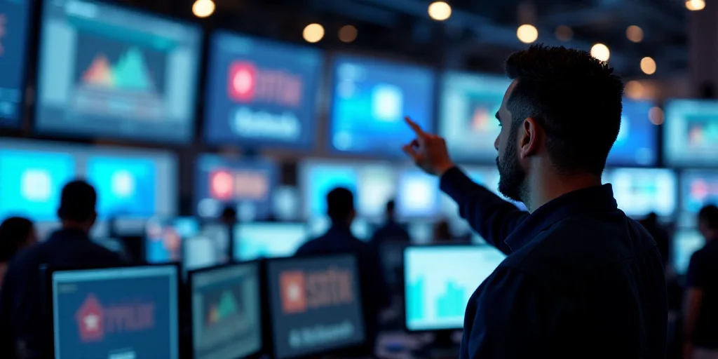 a man pointing at a computer screen with people in the background at a convention center with many m