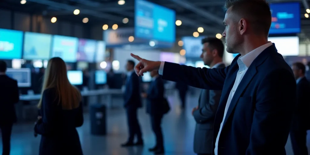 a man pointing at a computer screen with people in the background at a convention center with many m