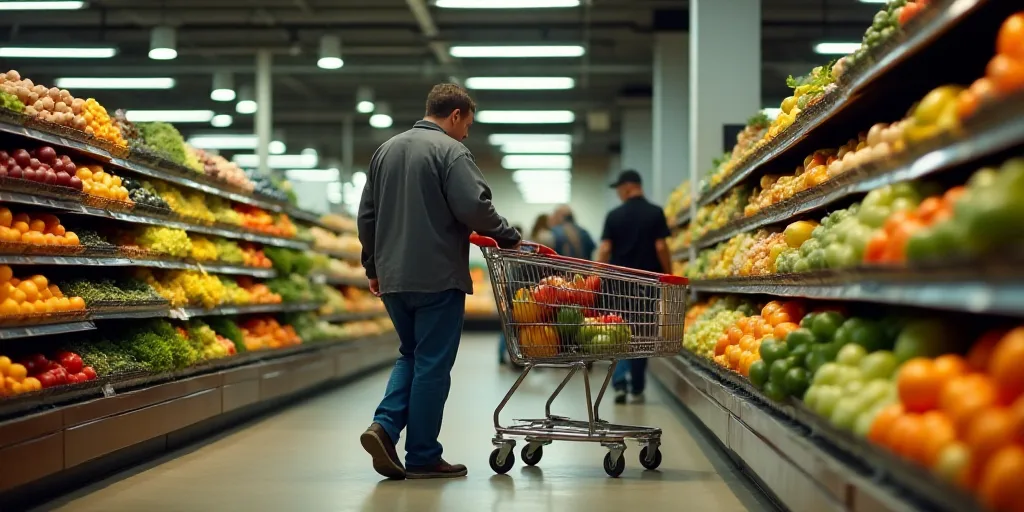 a man pushing a shopping cart through a grocery store filled with produce and vegetables, while peop