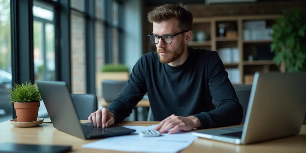 a man sitting at a desk with a laptop and calculator in front of him, looking at a calculator, Andri