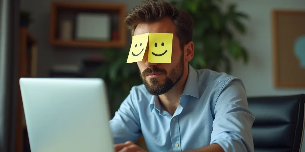 a man sitting at a desk with a laptop and a pair of yellow sticky notes on his eyes with a smiley fa
