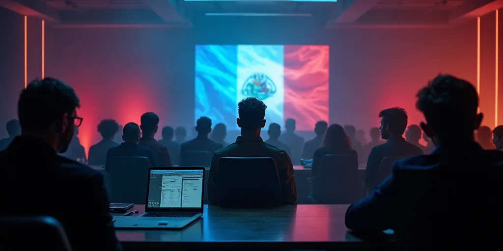 a man sitting at a table with a laptop computer in front of him and a flag behind him in a room with