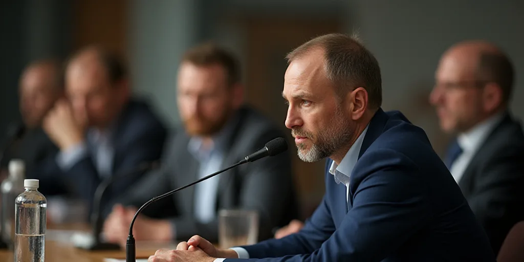 a man sitting at a table with a microphone in his mouth and other people sitting at a table behind h