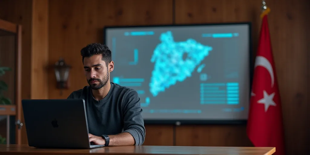 a man sitting at a table with a laptop computer in front of him and a flag behind him in a room with