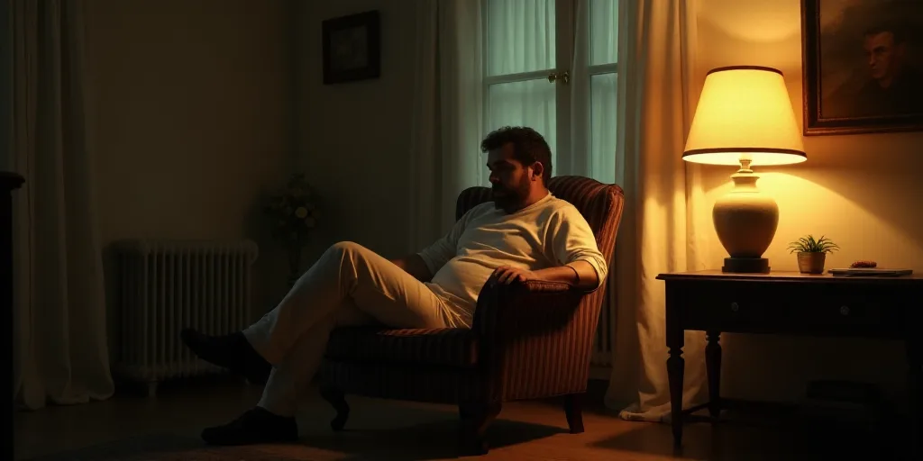 a man sitting in a chair in a living room with a lamp on the side of the room and a painting on the